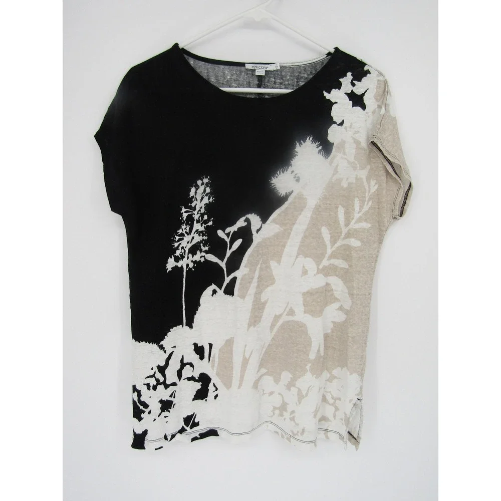 Chico's Linen Top Womens Medium Black Beige Floral Print Cap Sleeve Tee Artsy - Picture 2 of 9